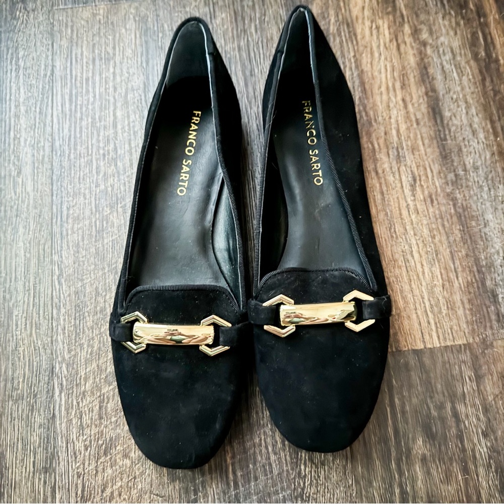 Franco Sarto Black Suede Loafers with Gold Buckles | Size 7.5 | Suede Flats